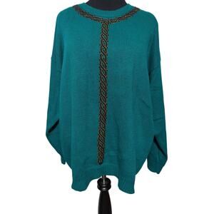 VTG Combinations Teal Knit Sweater 22W Ramie Cotton Embellished Trim Women's
